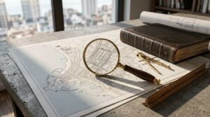A brass magnifying glass examining an urban zoning cadastre map on a concrete desk alongside a leather-bound law book, drafting compass, and scale ruler overlooking a city skyline