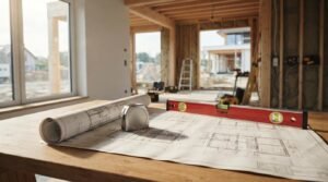 Rolled and unrolled architectural blueprints spread out on a wooden table alongside a metal tape measure and a red spirit level inside a house under construction.