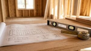 Architectural blueprints, a 24-inch spirit level, and a tape measure laid out on a wooden workbench inside a residential building under construction.