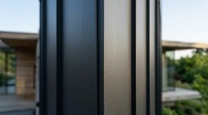 Close-up view of dark architectural metal standing seam siding panels showcasing a vertical profile and matte finish on a contemporary home exterior.