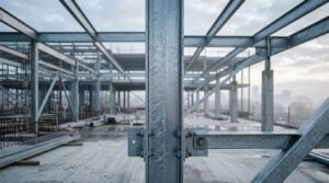 Close-up view of a heavy galvanized steel structural beam and bolted connection assembly on an open commercial building construction site.