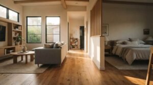 A sunlit modern open-concept ADU interior featuring wide-plank oak hardwood floors, a living room with built-in millwork, and an adjoining bedroom partitioned by a slatted wood divide