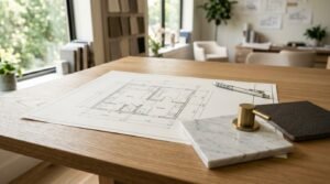 Architectural floor plan blueprint on an oak desk with white marble, dark tile, and brass hardware material samples