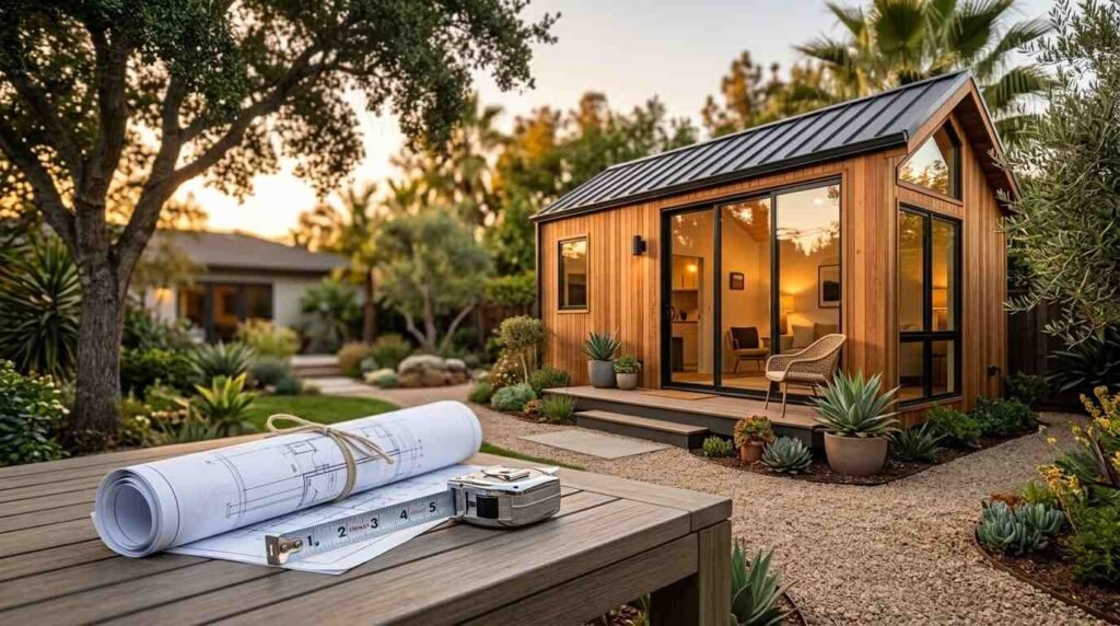 A rolled set of architectural blueprints tied with twine and an extended metal tape measure resting on an outdoor table in front of a modern timber-clad backyard ADU at sunset