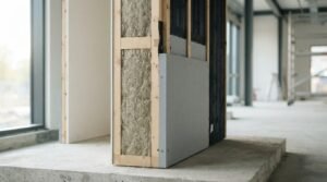 Detailed wall assembly cross-section mockup demonstrating mineral wool insulation, timber stud framing, cement board sheathing, and charred wood exterior cladding