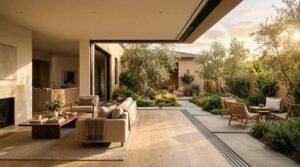 Modern open-plan living room with retractable sliding glass doors opening seamlessly onto a Mediterranean courtyard garden with olive trees and outdoor seating