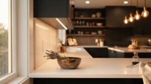 Warm under-cabinet LED strip lighting illuminating a quartz countertop and backsplash in a contemporary kitchen with dark cabinetry and hanging pendant lights.