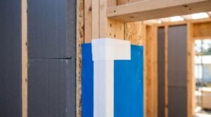 Flashing tape and blue weather-resistive barrier applied around a window rough opening corner with continuous rigid foam insulation and wood framing