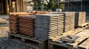 Pallets stacked with clay and concrete roofing tiles on a construction site, featuring a spirit level and notebook on a wooden pallet in the foreground.