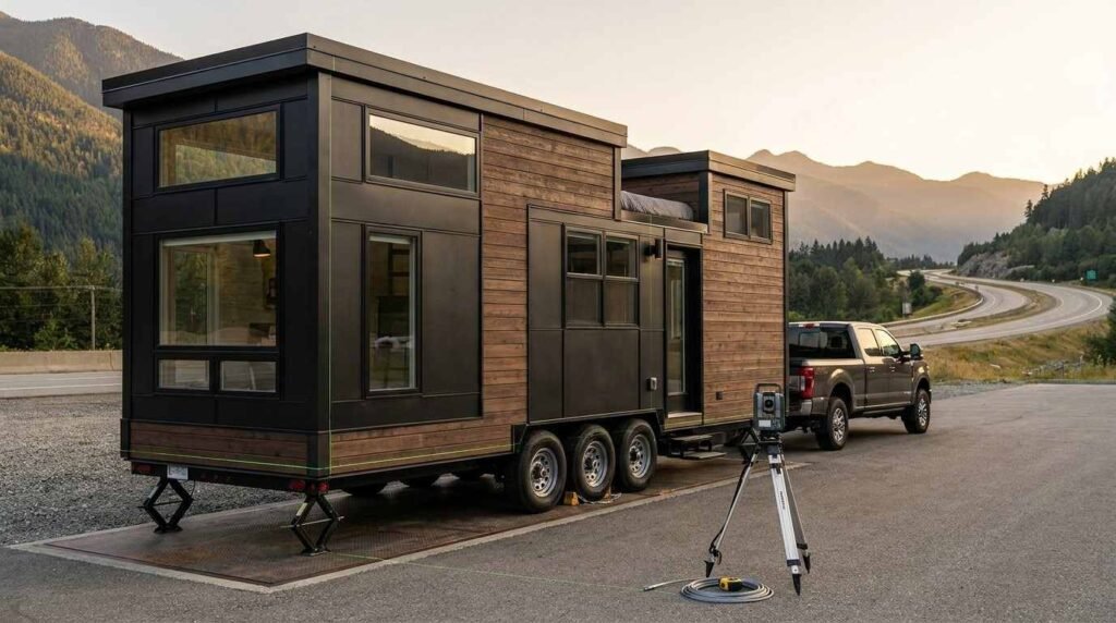 Tiny home on a multi-axle trailer connected to a pickup truck, illustrating the size, dimensions, and towing considerations of a tiny house on wheels.