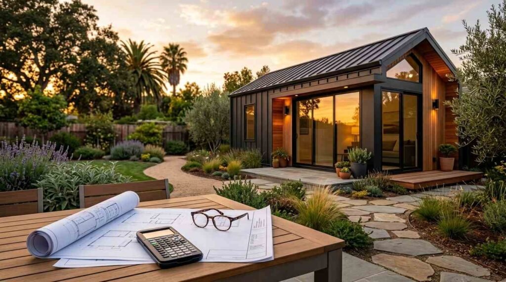 A set of rolled architectural blueprints, a calculator, and eyeglasses resting on an outdoor table overlooking a completed modern prefab ADU with glowing interior lights at sunset