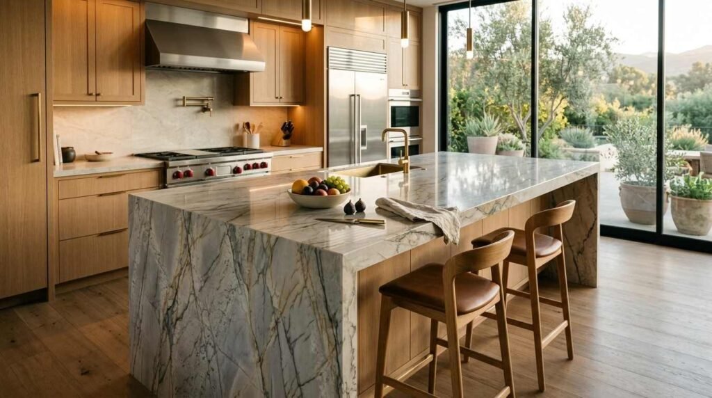 Modern luxury kitchen featuring a waterfall quartzite island with wooden barstools, light oak cabinetry, and large sliding glass doors opening to a scenic outdoor patio