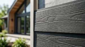 Close-up view of dark gray fiber cement lap siding planks showcasing a realistic wood-grain texture installed on a modern residential home exterior.