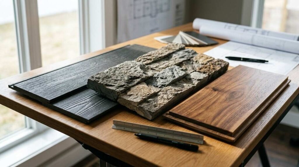 Exterior and interior building material samples, including stacked stone veneer, dark wooden siding planks, and rich hardwood flooring, displayed on a drafting table alongside blueprints and architectural tools.