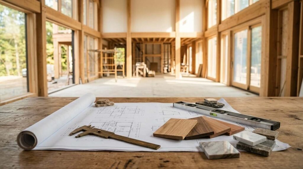 Wooden contractor workbench displaying rolled floor plans, a brass caliper, wood and marble material samples, and a spirit level inside a large timber-framed home under construction.