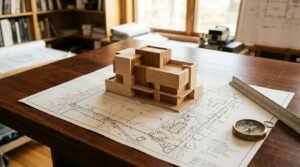 Wooden architectural scale model of a modern box-style house sitting on a site plan map with a scale ruler and brass compass on a wooden desk