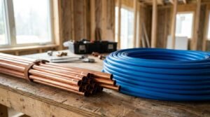 Bundled copper pipes and a large coil of blue PEX tubing resting on a wooden workbench inside a residential building under construction.