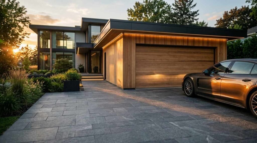 Modern luxury home exterior at sunset featuring a paved stone driveway, wood-paneled garage, architectural LED accent lighting, and a parked luxury car.