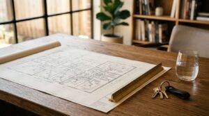 An architectural floor plan blueprint unrolled on a wooden executive desk, held down by a triangular brass scale ruler beside a leather keychain with house keys and a glass of water