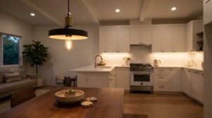 A modern matte black and brass pendant light with an Edison bulb glowing over a solid walnut dining table in an open-concept kitchen and living area with white shaker cabinets