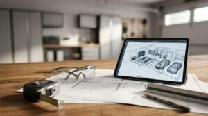 Architectural blueprints, a digital tablet showing a 3D home garage layout, safety glasses, and a tape measure on a wooden workbench during a home renovation project.