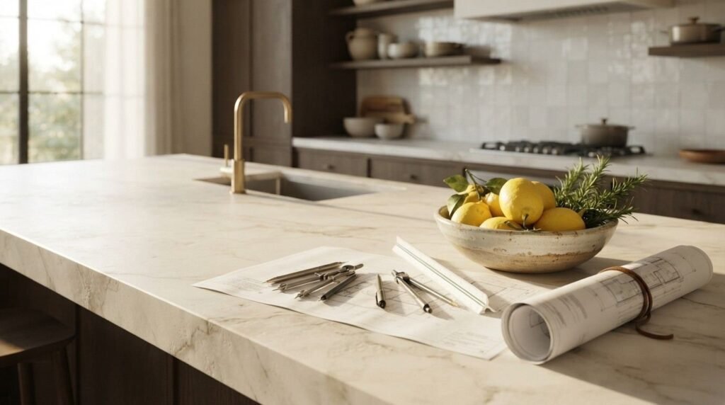 Architectural drafting compasses, a triangular scale ruler, and rolled blueprints arranged on a marble kitchen island next to a ceramic bowl of lemons and fresh herbs.