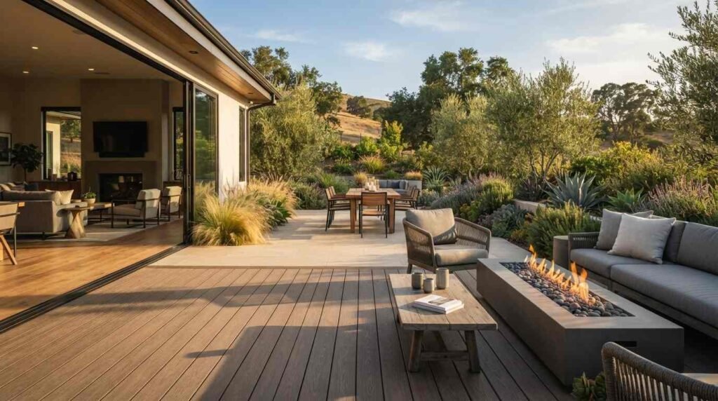 Modern outdoor living space and composite deck featuring a rectangular concrete fire pit, comfortable lounge seating, and large sliding glass doors opening into a luxury home interior with scenic landscape views.