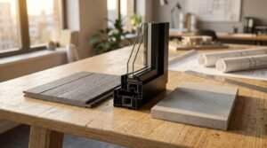 Architectural samples display featuring a cutaway section of a multi-pane insulated window frame, a textured wood composite panel, and a concrete slab sample on a wooden drafting table.