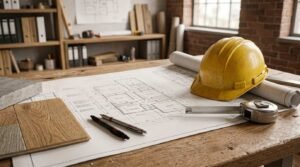 Architectural blueprints spread across a wooden workbench, featuring a yellow hard hat, rolled plans, a metal tape measure, drafting pencils, and flooring and concrete material samples in an office with exposed brick walls.