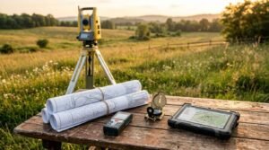 Rolled architectural blueprints, a digital field tablet, a compass, and a laser distance meter arranged on a wooden outdoor table, with a land surveying total station on a tripod overlooking a rolling countryside field.