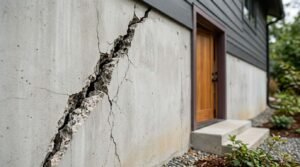 Severe structural crack running diagonally across a poured concrete foundation wall next to a wooden exterior doorway of a residential home.