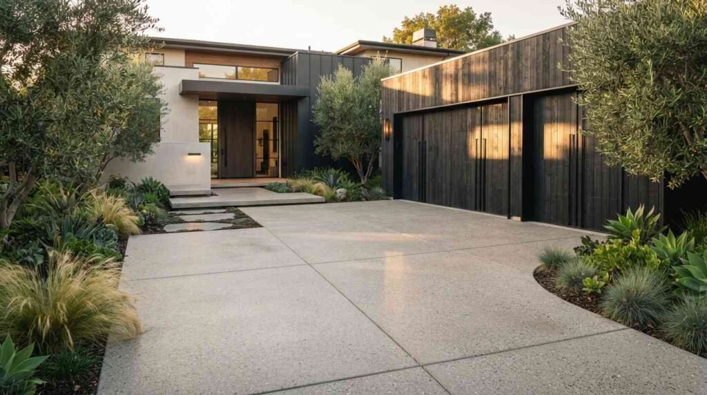 Modern home exterior with a concrete paver driveway, dark wood garage doors, and olive trees in warm evening sunlight