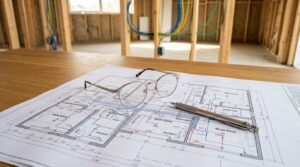 Architectural floor plan blueprints on a wooden table with a pair of glasses and a metal pen, set against the backdrop of a residential framing project under construction.