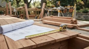 Architectural blueprints and a metal measuring tape resting on a newly constructed wooden deck surface with a job site workspace and lumber piles in the background.