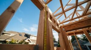 A yellow measuring tape extended vertically along a structural wooden beam of a framed residential building under construction against a clear blue sky, with neighboring houses visible in the background.