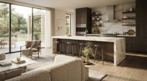 Open-concept luxury home interior featuring a modern kitchen with a marble waterfall island, bar stools, open shelving, and a bright living room with floor-to-ceiling sliding glass doors.