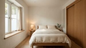 A minimalist bedroom featuring a wooden bed frame with cream linen bedding, sliding wood closet doors, a bedside table with a glowing lamp, and a large casement egress window with deep wood sill