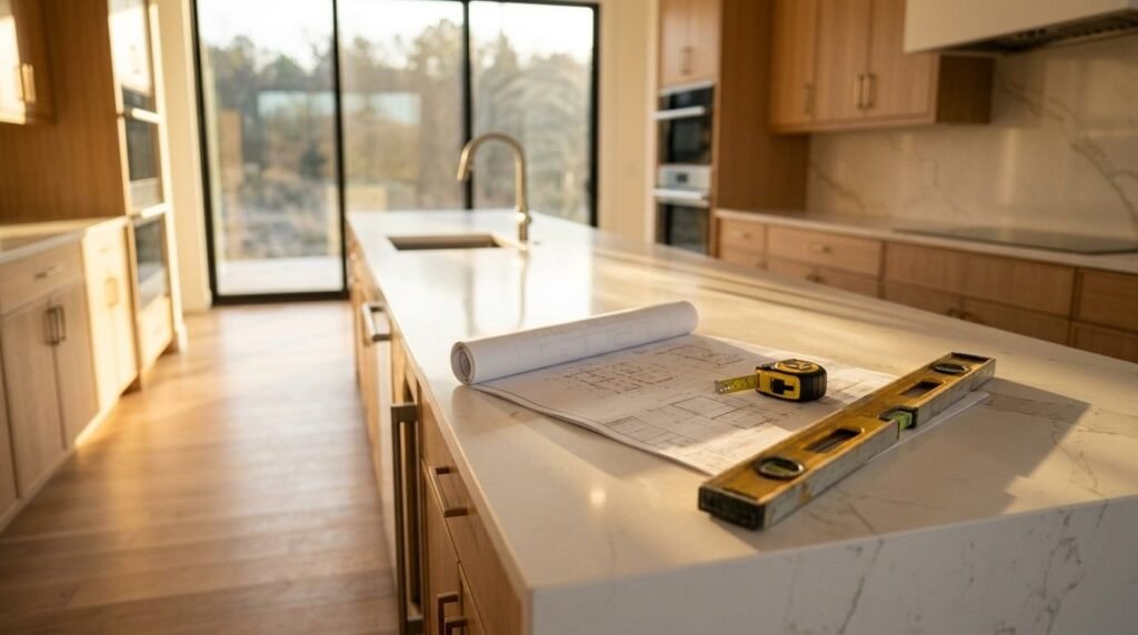 White quartz kitchen island countertop inside a luxury custom home featuring rolled architectural blueprints, a yellow tape measure, and a spirit level, with natural wood cabinetry and sunlight streaming through large glass doors in the background.