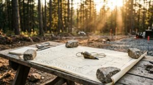 Topographic site map held down by four rocks on an outdoor wooden table with a brass plumb bob, compass, and notebook in a pine forest setting
