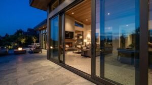Modern home exterior at dusk featuring large open sliding glass patio doors connecting a lit living room to a stone patio with outdoor seating and a fire pit