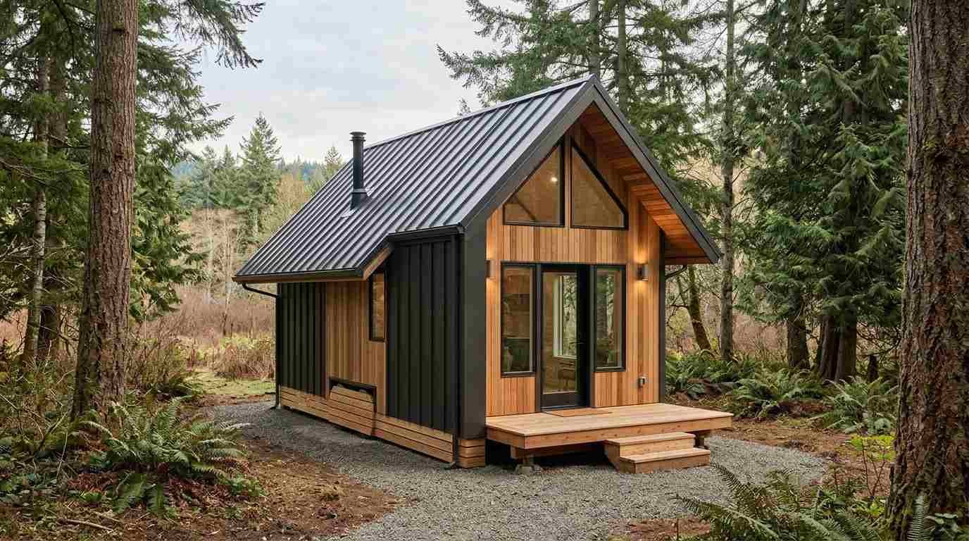 Modern gable roof tiny house with black metal siding, natural wood exterior, and a welcoming entrance surrounded by forest