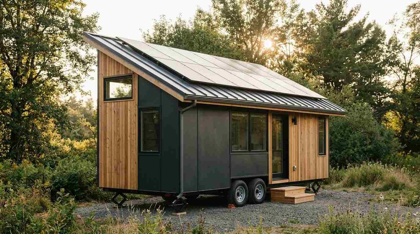 Modern tiny house on wheels with solar panels, black metal siding, and natural wood exterior surrounded by a wooded landscape