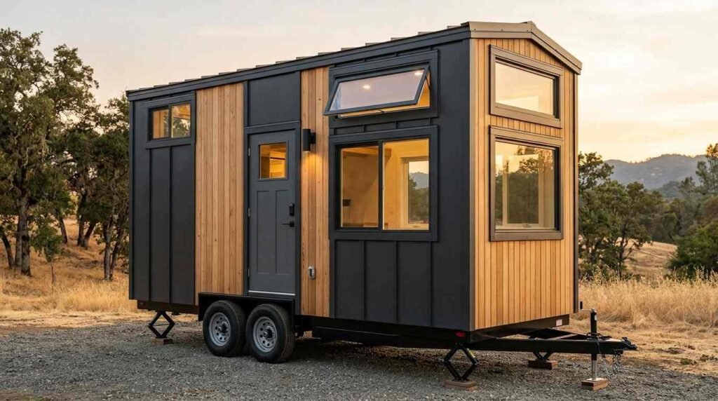 Modern tiny house on wheels with large energy-efficient windows, black metal siding, and natural wood exterior in a scenic countryside setting.