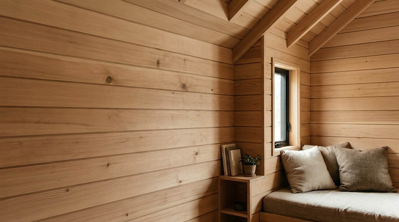 Natural wood paneling in a tiny house interior with horizontal wooden wall boards, exposed ceiling beams, and a cozy built-in seating area.