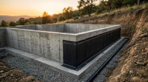 Poured concrete basement foundation walls featuring black waterproof damp-proofing membrane and a perimeter drainage pipe set in gravel within an excavated hillside site at sunset.