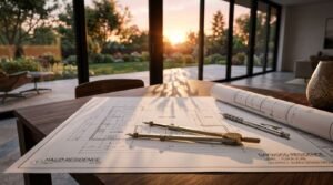 Architectural floor plan blueprint for "Oakwood Residence" on a wooden desk with a brass drafting compass, mechanical pencil, and sunset views through patio glass doors