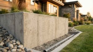 Poured concrete retaining wall with an exposed perforated French drain pipe embedded in gravel alongside river rocks and a modern custom house