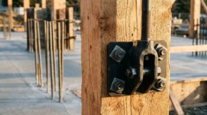 Heavy-duty black steel connector bracket bolted to a timber column on a concrete construction site