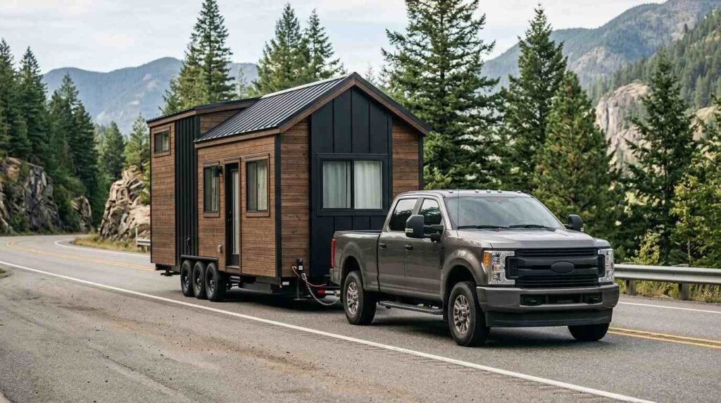Pickup truck towing a road-ready tiny house on a triple-axle trailer along a mountain highway, surrounded by pine forests and scenic rocky landscapes.