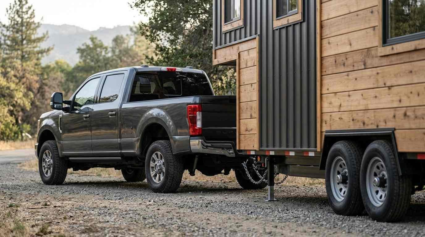 Pickup truck connected to a tiny house on a dual-axle trailer, showing the towing hitch, safety chains, trailer wheels, and wood-and-metal exterior.